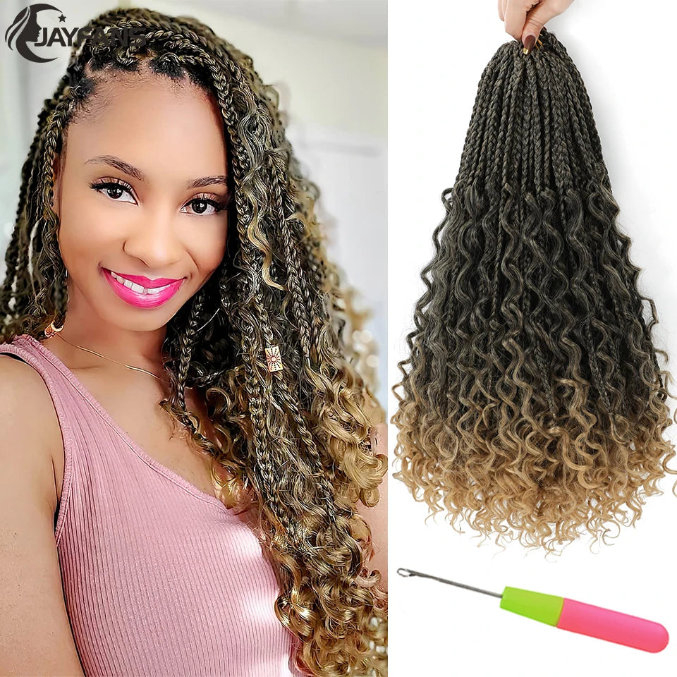 Jayfans Crochet Goddess Box Braids With Curly Ends - Bohemian Bob Style Synthetic Braiding Hair 1B 30 Blue Ombre Extensions