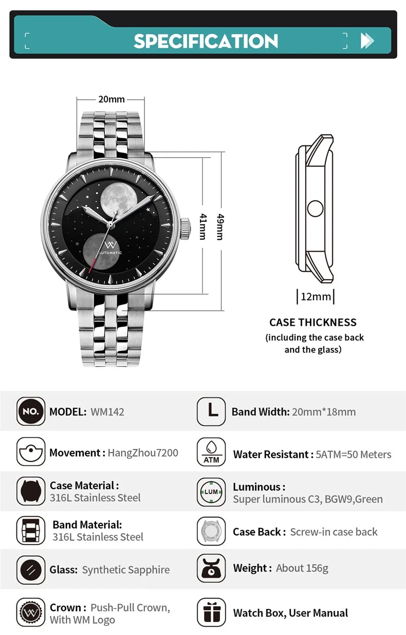 WM Welly Merck Automatic Mechanical Men's Watch — Lunar Moon Phase, Sapphire, Waterproof, Luminous Twin Moons WM142