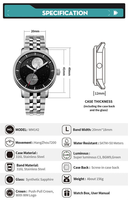 WM Welly Merck Automatic Mechanical Men's Watch — Lunar Moon Phase, Sapphire, Waterproof, Luminous Twin Moons WM142