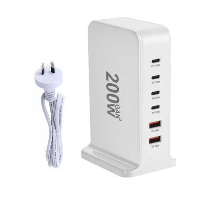 200W GaN Desktop Quick Charger - 168W PD, 6-Port USB Type C with USA, EU, AUS, UK Plug Adapters for Mobile Phones and Laptops