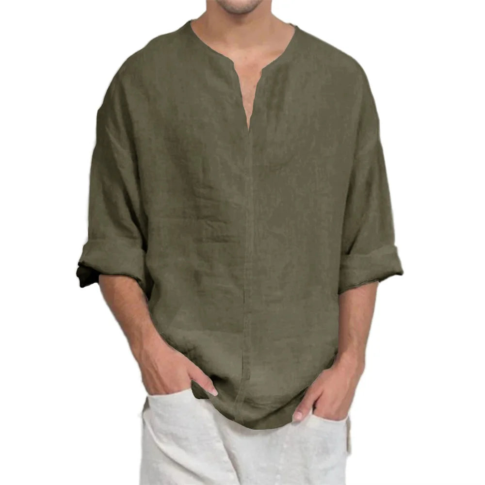 Men’s Cotton Linen V-Neck T-Shirt - Lightweight Breathable Long Sleeve Casual Solid Color Comfort Top