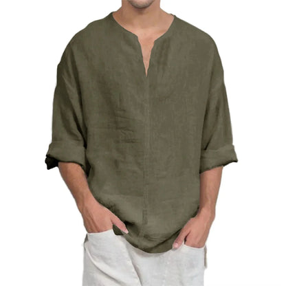 Men’s Cotton Linen V-Neck T-Shirt - Lightweight Breathable Long Sleeve Casual Solid Color Comfort Top