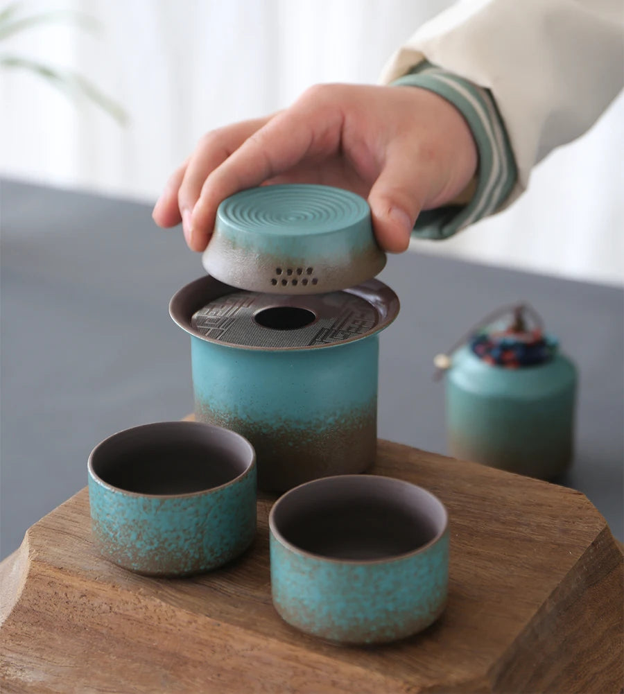 Kiln-Change Vintage Spring Green Pottery Tea Set – 1 Pot & 4 Cups, Simple Small Set for Outdoor or Tea Room