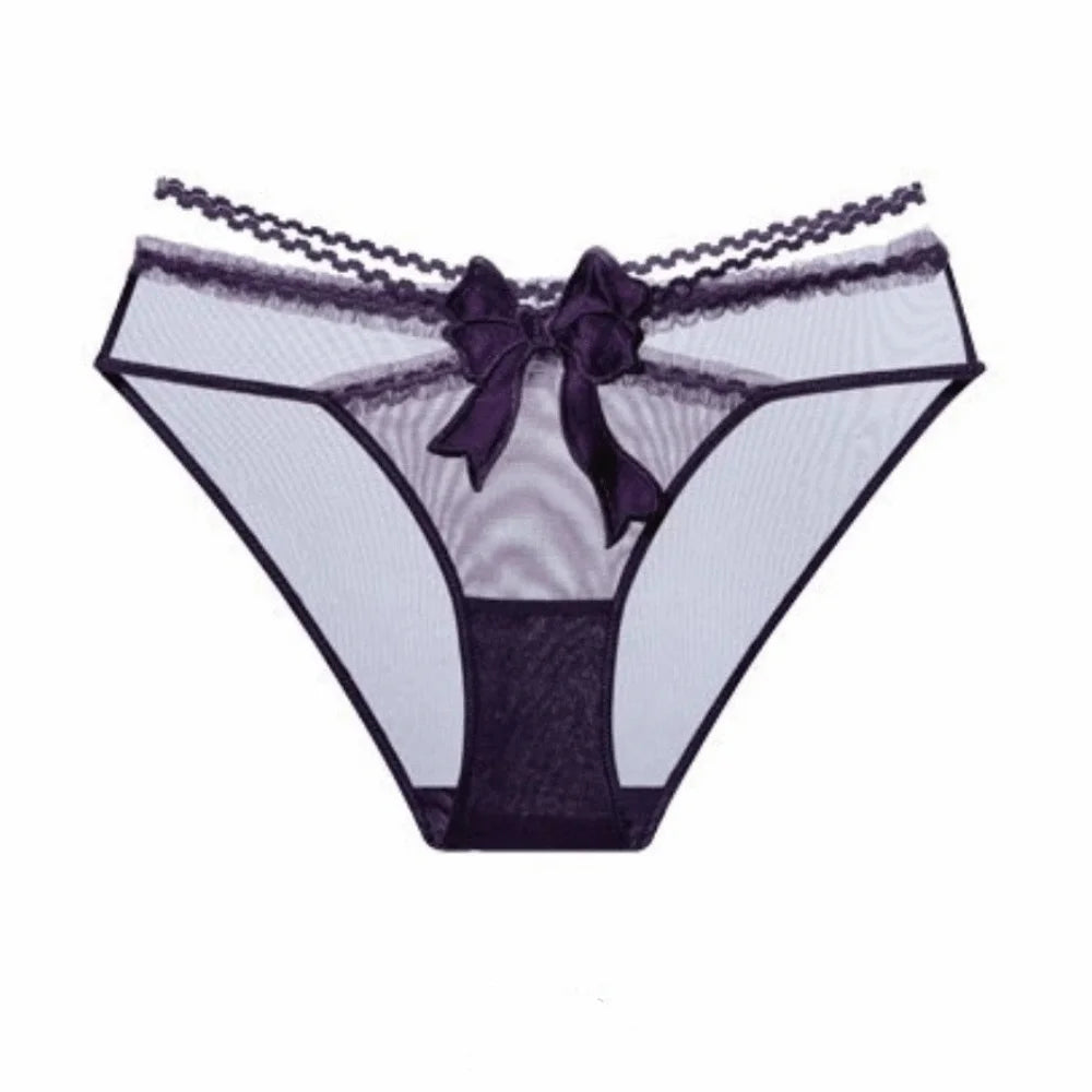 Women’s Low-Waist Lace Briefs - Breathable Mesh Sheer Panties with Bow Detail