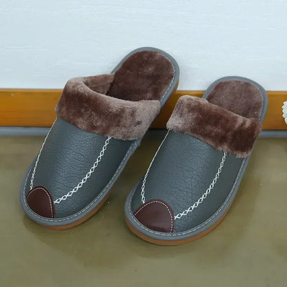 Men’s Winter Leather Slippers — Waterproof, Thick Velvet Cotton Indoor Home Shoes, Warm Bedroom Footwear