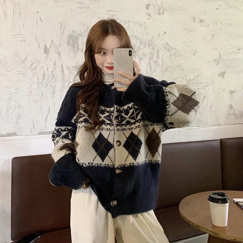 HELIAR Women’s Korean Patchwork Cardigan – Vintage Argyle Knit Sweater with Long Sleeves & Casual O-Neck
