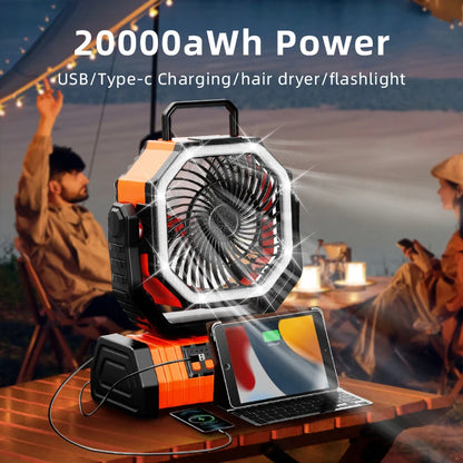 20000mAh Portable Rechargeable Fan — Battery-Operated Desk & Camping Fan with LED Light & Hook for Tent, Car, and Outdoor Trips