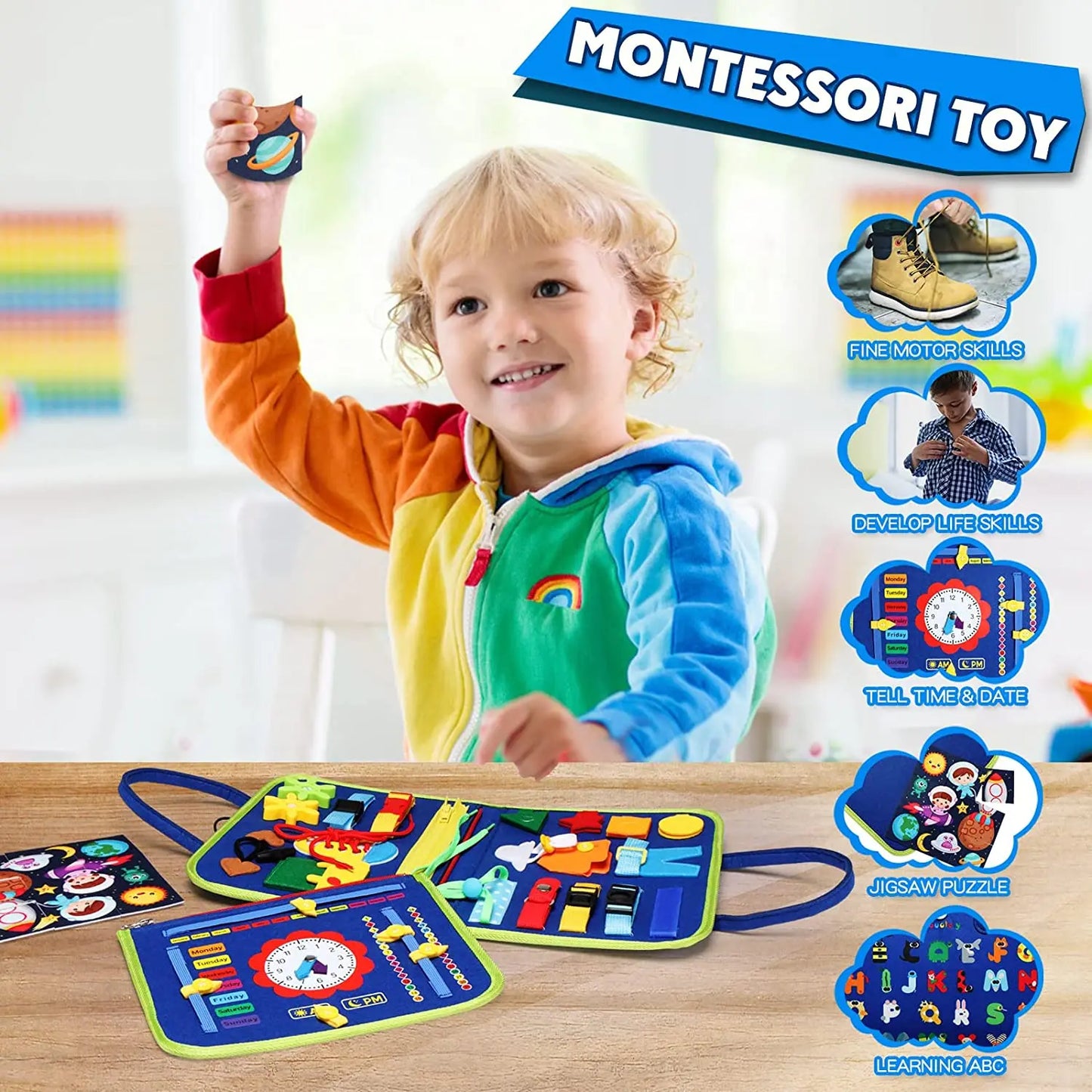 Montessori Toddler Busy Board – Educational Activity for Dress Motor Skills, Baby Learning Toy for Travel