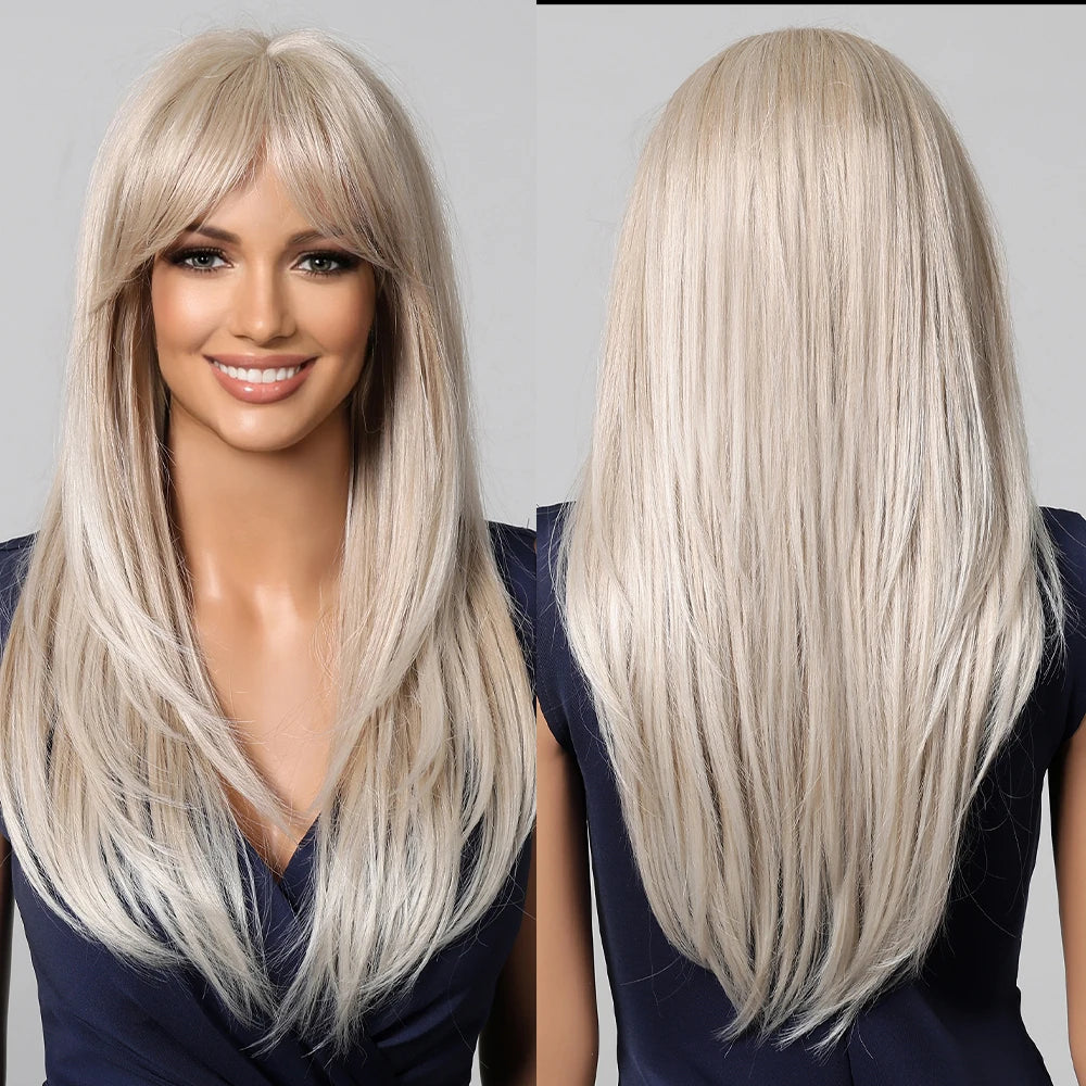 ALAN EATON Blonde Layered Synthetic Wig with Bangs – Long Straight Heat-Resistant Wig for Women & Girls, Natural Daily Hair