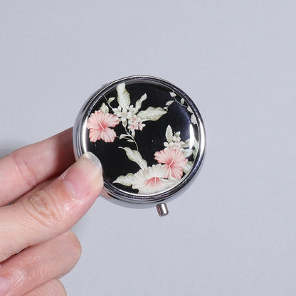 3-Compartment Stainless Steel Pill Box - Round Floral Medicine Organizer, Portable Capsule Case with Dividers