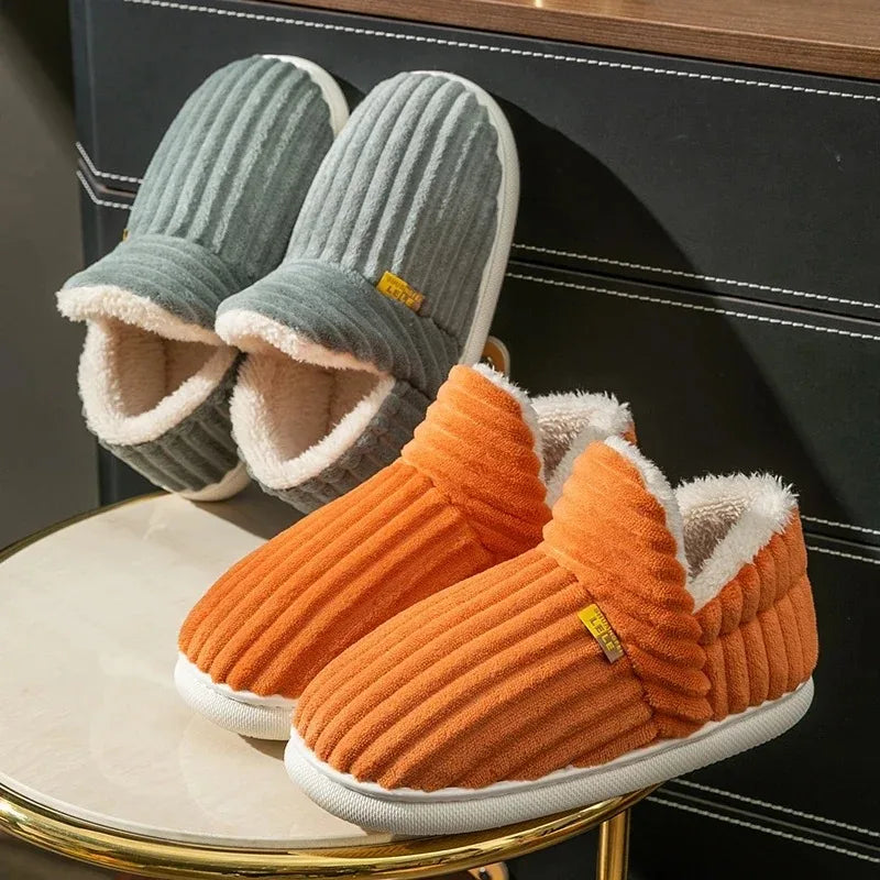 Winter Couple Striped Plush Slippers – Soft Non-Slip Warm Cotton Home Shoes for Men & Women