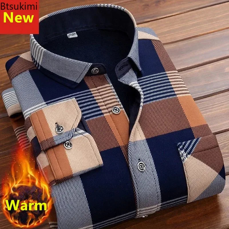 2024 Men's Plaid Shirt - Autumn Winter Casual Long Sleeve, Thick Warm High-Quality Soft Fabric, Large Size up to 4XL