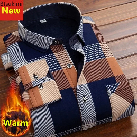 2024 Men's Plaid Shirt - Autumn Winter Casual Long Sleeve, Thick Warm High-Quality Soft Fabric, Large Size up to 4XL