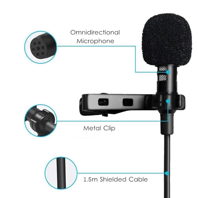 Portable USB Lavalier Microphone - 1.5M Clip-On Condenser Lapel Mic with USB, 3.5mm & Type-C Compatibility