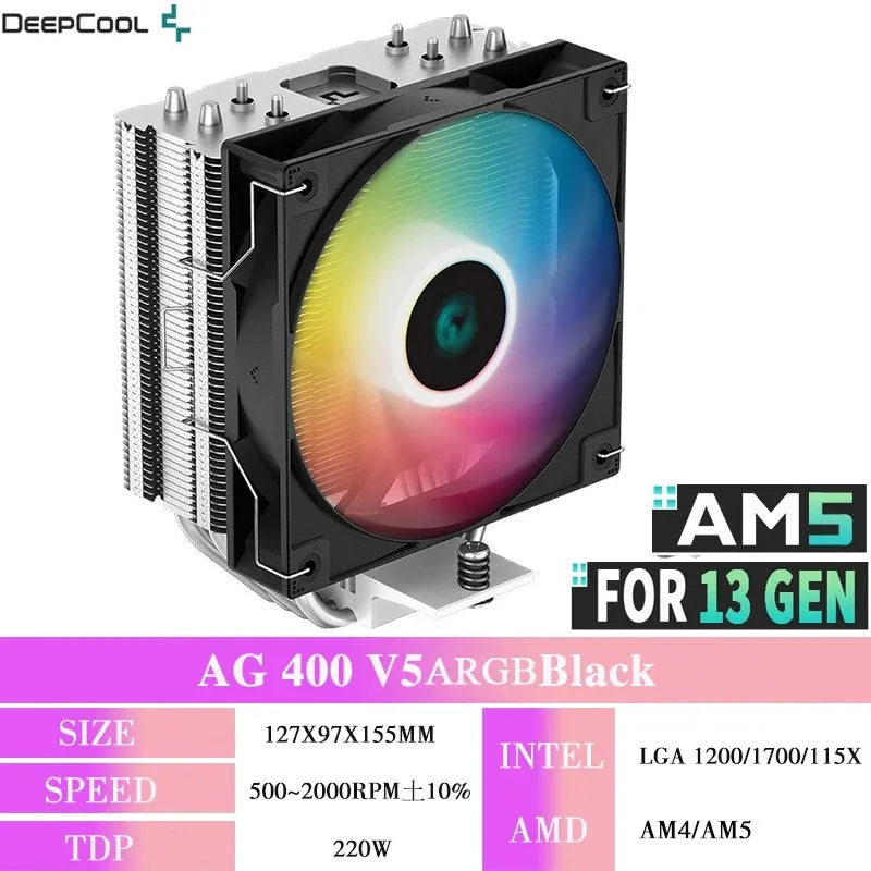 DEEPCOOL AG400 CPU Air Cooler — 4 Heat Pipe ARGB PWM Radiator, 220W TDP for Intel LGA1700/1200/115X/1151/1155 & AMD AM4/AM5