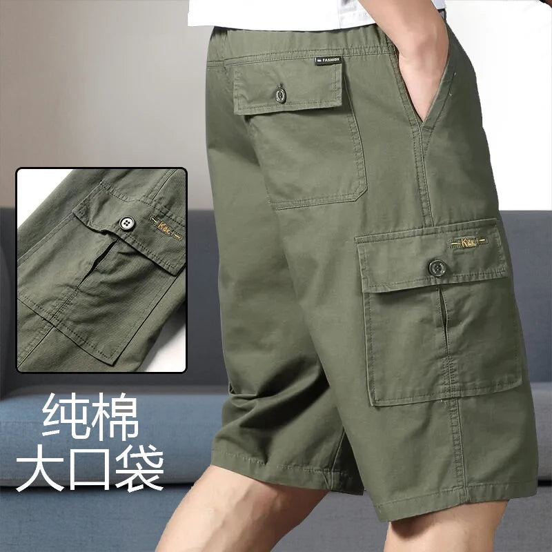 Men's Cargo Knee Shorts - Cotton Summer Climbing Jogger Pants with Zipper Pockets & Elastic Waist