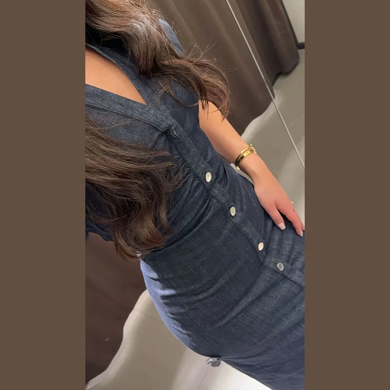 Elegant Pleated Denim Dress for Women – 2025 Chic Slim Fit Lapel Vestido with Short Sleeves & Single-Breasted Design