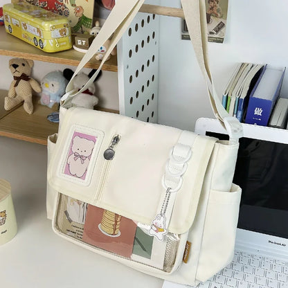 Y2K Japanese Harajuku School Bag — 2024 Transparent Itabag Crossbody for Teenage Girls with DIY Badge Display Plate