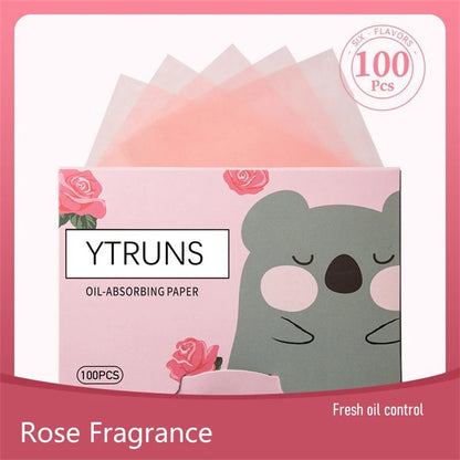 100pcs Fragrance Oil-Absorbing Face Paper - Green Tea, Gardenia, Chamomile, Lavender, Rose & Bamboo Charcoal Blotting Sheets
