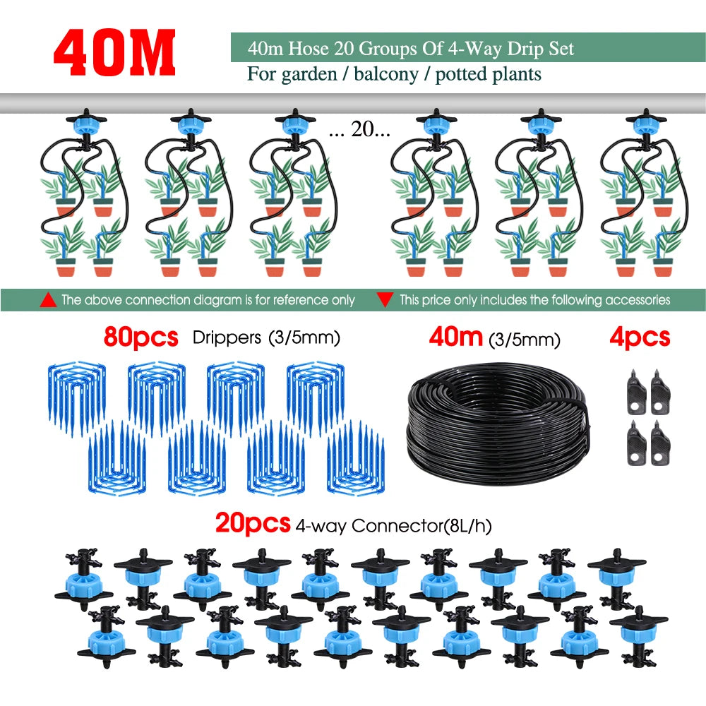 MUCIAKIE 4/2-Way Drip Irrigation System Kit – 100–10M 8L Watering Dripper Sprinkler for Potted Plants & Garden Use
