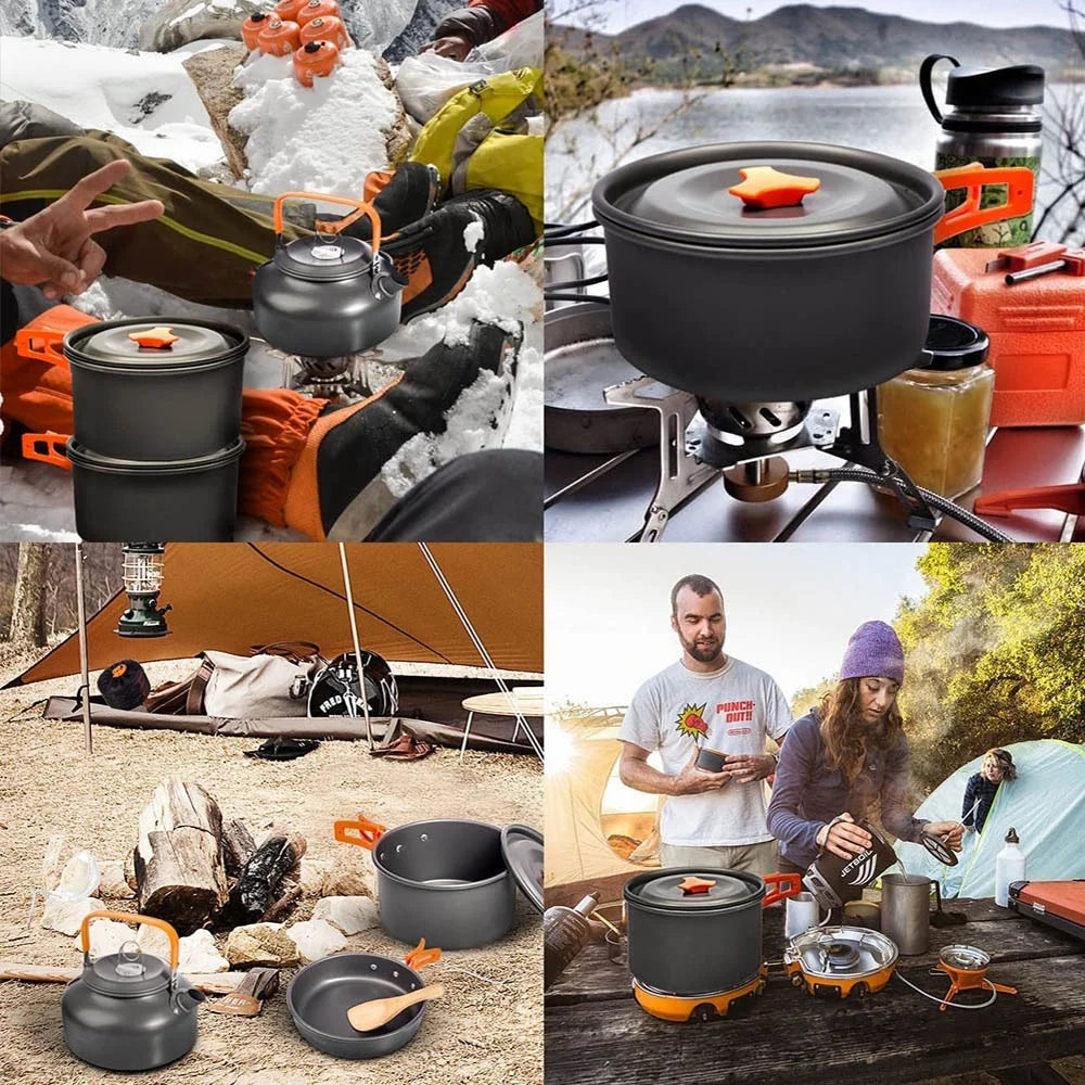 Camping Cookware Set — Non-Stick Cooking Pots, Teapot & Travel Tableware for 2-3 People, Outdoor Picnic Set