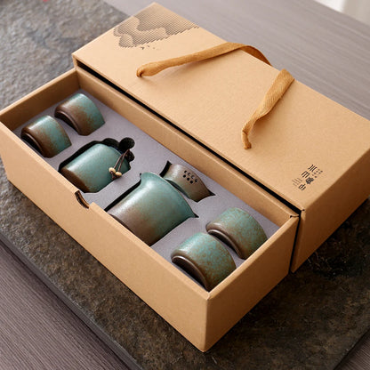Kiln-Change Vintage Spring Green Pottery Tea Set – 1 Pot & 4 Cups, Simple Small Set for Outdoor or Tea Room