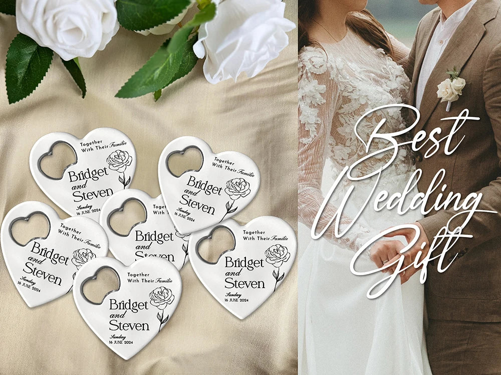 Custom Heart-Shaped Magnet Bottle Opener – 10-30pcs Engraved Bridal Shower & Wedding Party Favors in Bulk