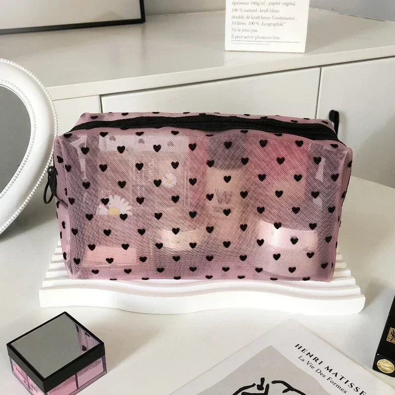 Nylon Mesh Heart-Shaped Cosmetic Bag — Zipper Toiletry & Makeup Organizer Pouch for Women, Multifunctional Lipstick, Key, and Coin Purse