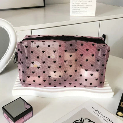 Nylon Mesh Heart-Shaped Cosmetic Bag — Zipper Toiletry & Makeup Organizer Pouch for Women, Multifunctional Lipstick, Key, and Coin Purse