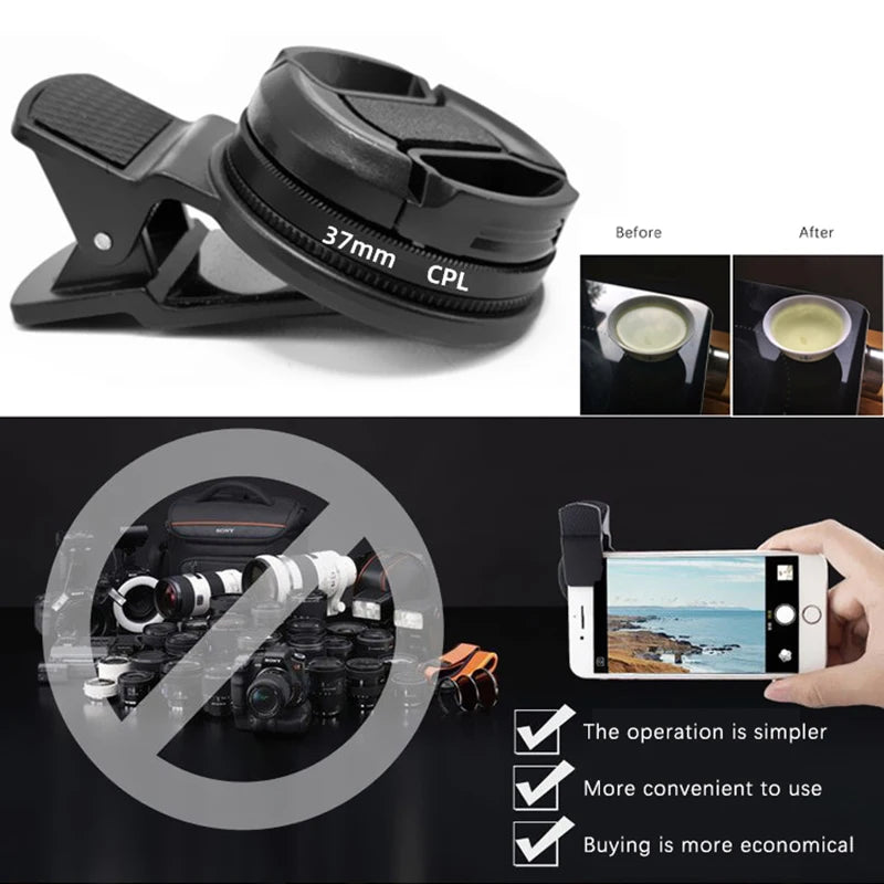 37/52MM CPL Circular Polarizer Filter — Universal Black Camera & Phone Clip-On Lens Accessory for Wide-Angle Photography