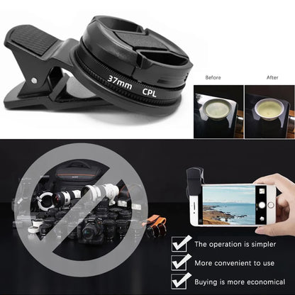37/52MM CPL Circular Polarizer Filter — Universal Black Camera & Phone Clip-On Lens Accessory for Wide-Angle Photography