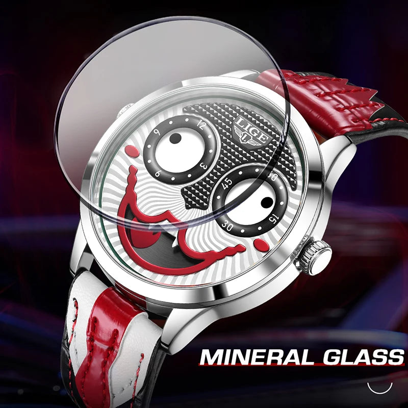 LIGE 2025 Men’s Creative Clown Quartz Watch – Waterproof Leather Strap Joker Fashion Wristwatch