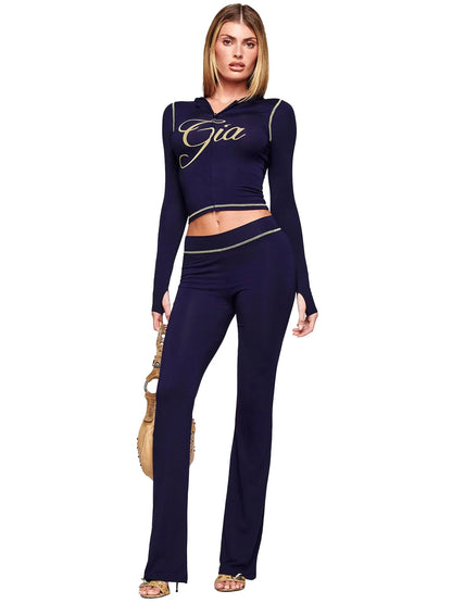 Women’s Letter Print 2-Piece Tracksuit Set - Hooded Zip-Up Coat & Jogger Pants for Autumn and Winter