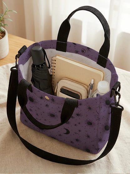 Purple Sun Moon Star Print Tote Bag - Detachable Strap Crossbody Handbag for Women