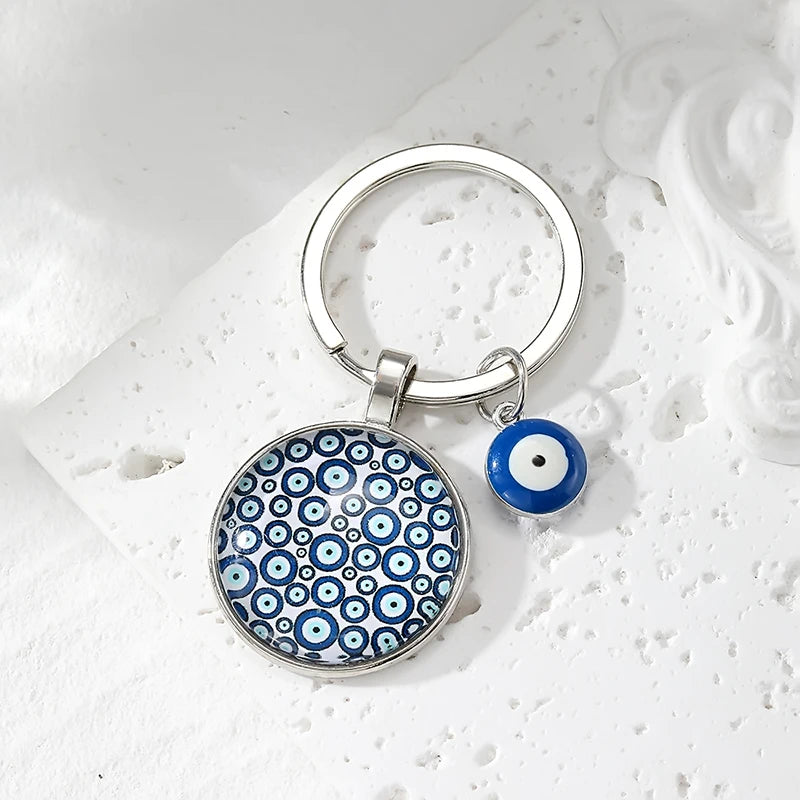 Round Flower Blue Evil Eye Hamsa Keychain – Boho Turkish Lucky Eye Fatima Hand Bag & Car Keyring for Women & Men Protective Charm Gift