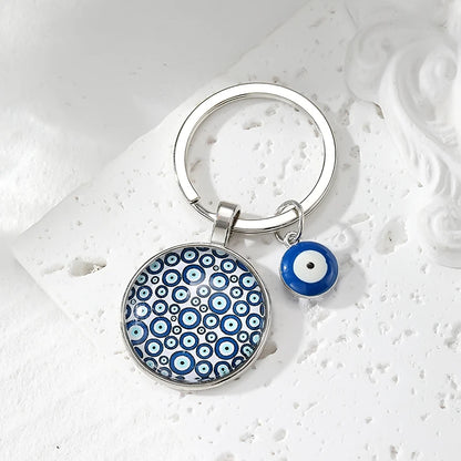 Round Flower Blue Evil Eye Hamsa Keychain – Boho Turkish Lucky Eye Fatima Hand Bag & Car Keyring for Women & Men Protective Charm Gift