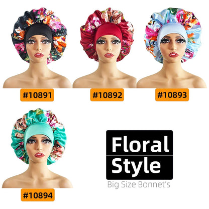 Large Satin Bonnet for Women - Flower Print Silk Sleep Cap with Elastic Band for Braids, Curly & High-Density Hair