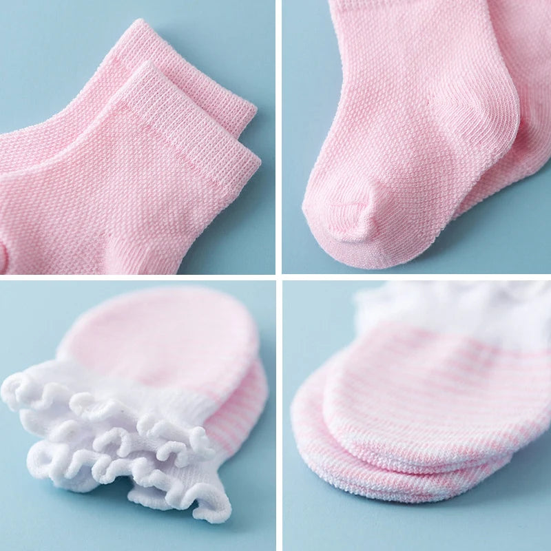 4-Pair Baby Socks & Gloves Set – Solid Color, Soft Cotton, Elastic Infant Toddler Ruffle Mittens for Newborn Girls & Boys
