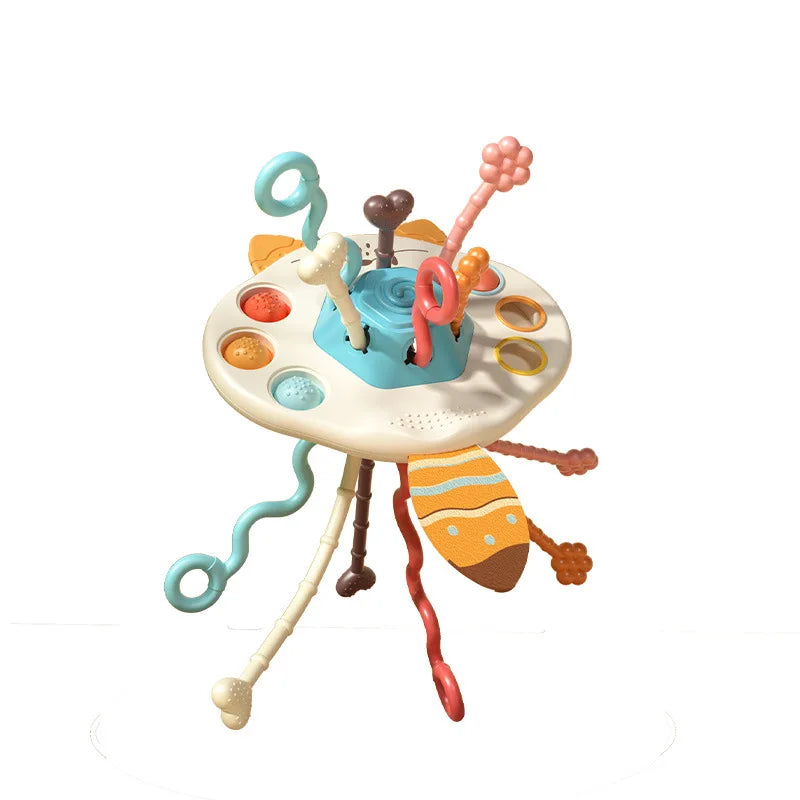 Baby Pull String Sensory Toy - Silicone Teething Rattle Montessori Learning Toy for 6-12 Months