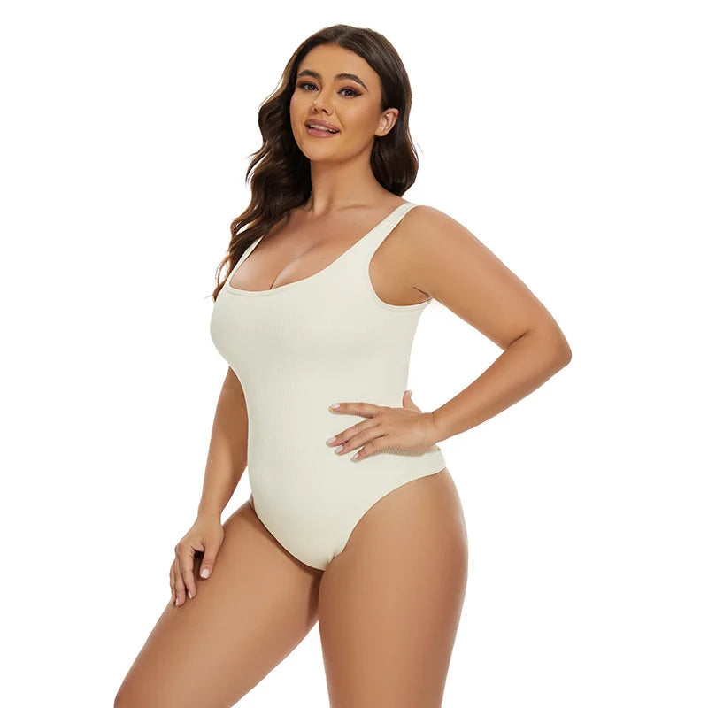 GUUDIA Ribbed Tummy Control Jumpsuit – Light Compression Daily Shaper Bodysuit with Open Crotch Shapewear Design