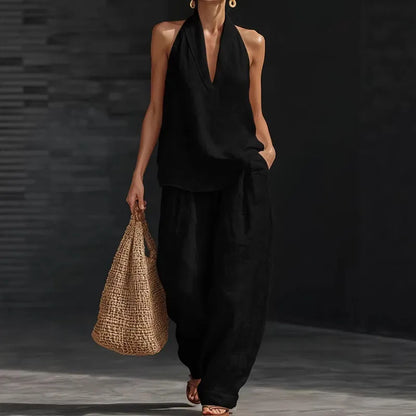 2026 Women’s Spring Retro Cotton Linen Set – Elegant V-Neck Sleeveless Top & Wide-Leg Trousers Summer Outfit