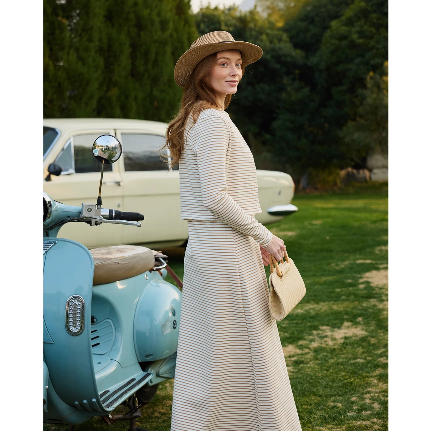 AP SS2026 Women’s Striped Cardigan & Dress Set – Soft Three-Color Fashionable Outfit
