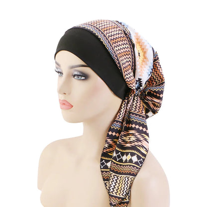 Women’s Pre-Tied Turban Cap – Muslim Hijab & Chemo Hair Loss Head Scarf with Flower Print Stretch Bandana