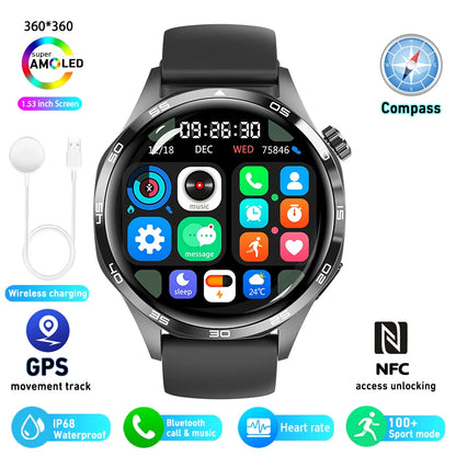 2025 GPS NFC Smartwatch for Men – 360x360 AMOLED HD Screen, Bluetooth Call, Waterproof, Compatible with Huawei Watch 5 Pro