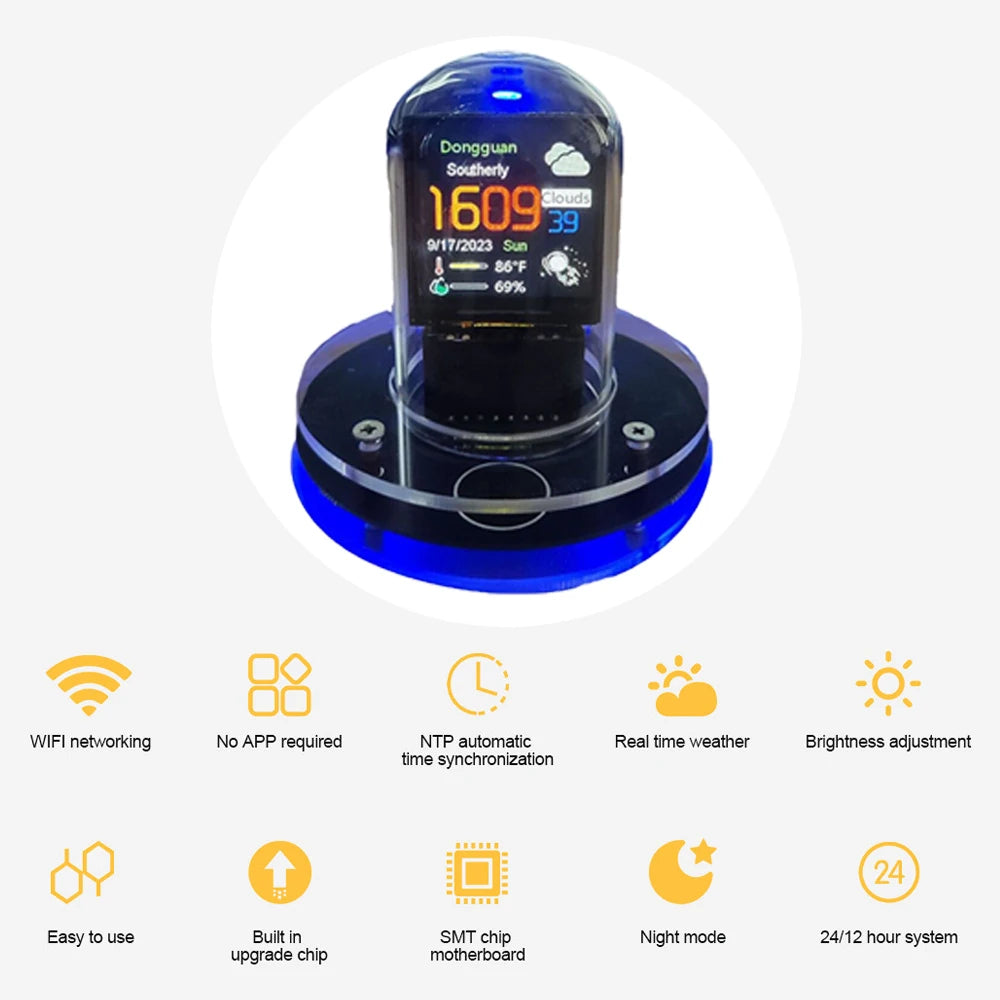 DIY Nixie Tube Clock Smart WiFi Cyberpunk Style Digital Glow Table Clock with Auto Time Update & Visual Display