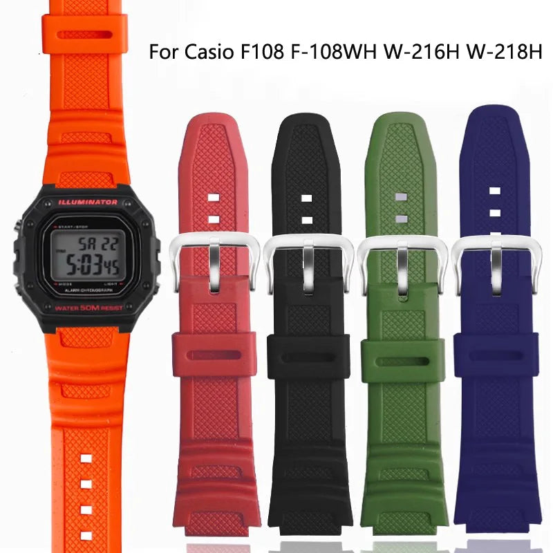 Rubber Silicone Watch Band for Casio F-108WH W-216H W-218H W-215 W-752 W-S200H SGW-400/500H - Waterproof Resin Replacement Strap