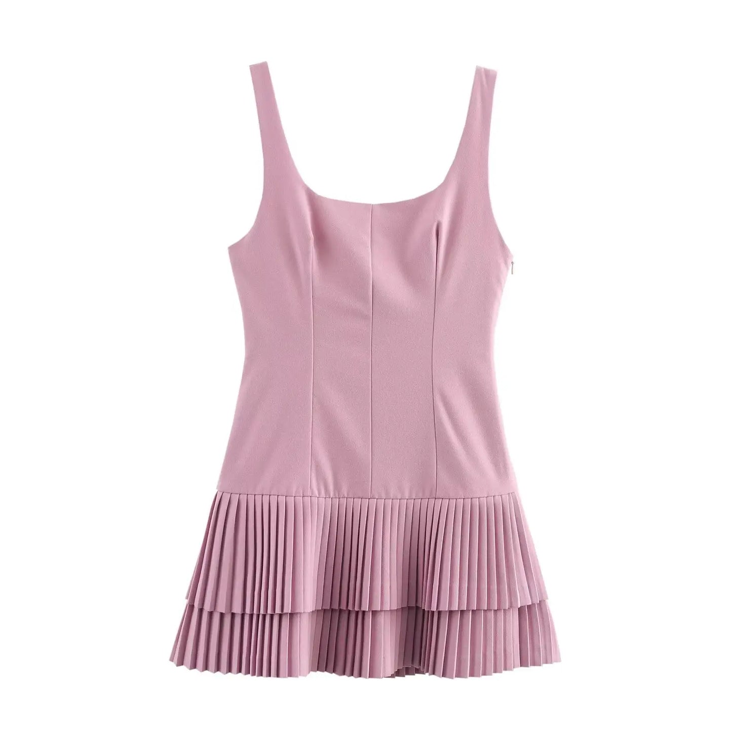 TRAFZA Women’s Square Collar Sleeveless Mini Dress – Summer Pleated Solid Color Slim High Street Chic Dress