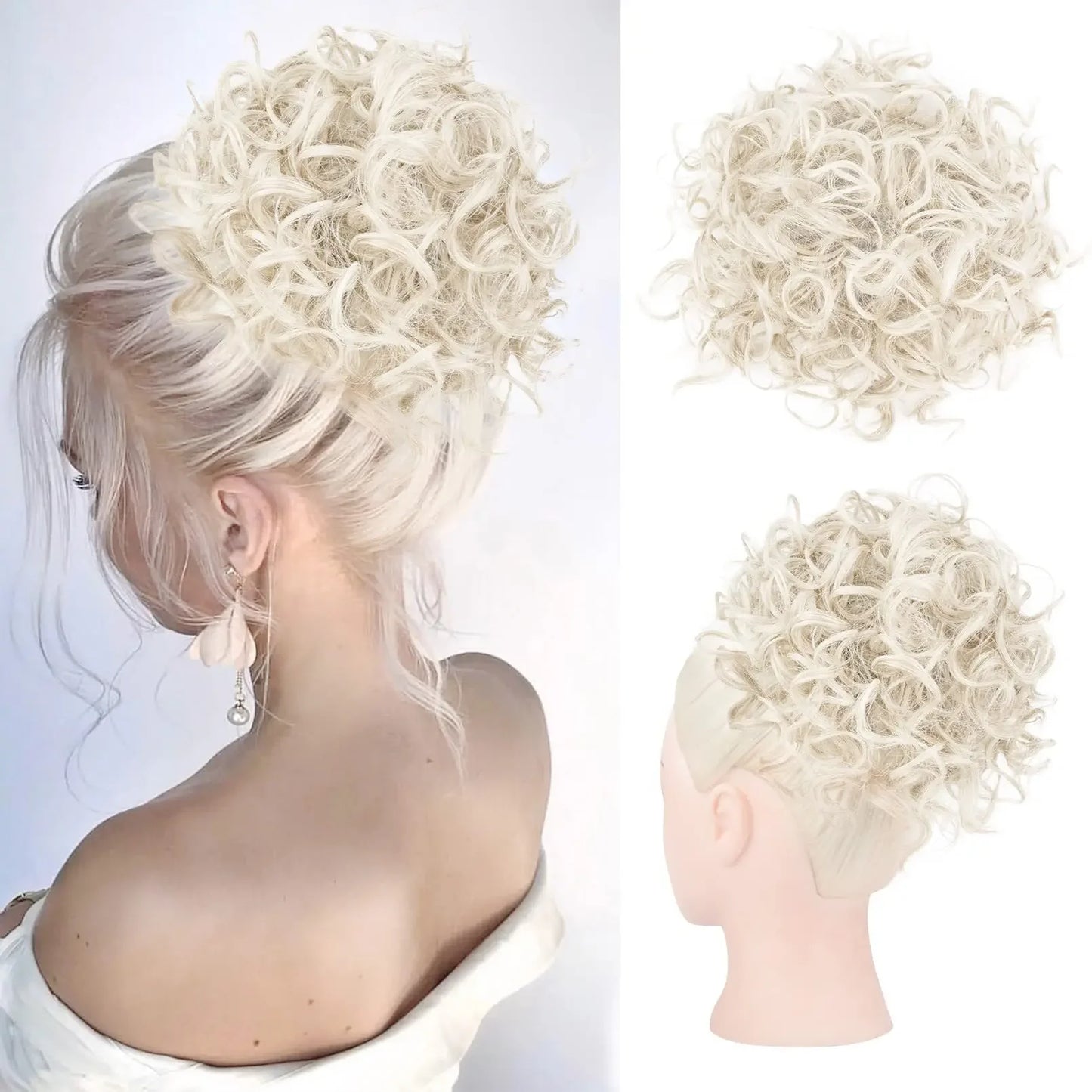 Synthetic Messy Curly Hair Bun – Short Loose Wave Updo Ponytail, Blonde Chignon Hairpiece, Heat-Resistant Extensions for Women