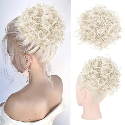 Synthetic Messy Curly Hair Bun – Short Loose Wave Updo Ponytail, Blonde Chignon Hairpiece, Heat-Resistant Extensions for Women