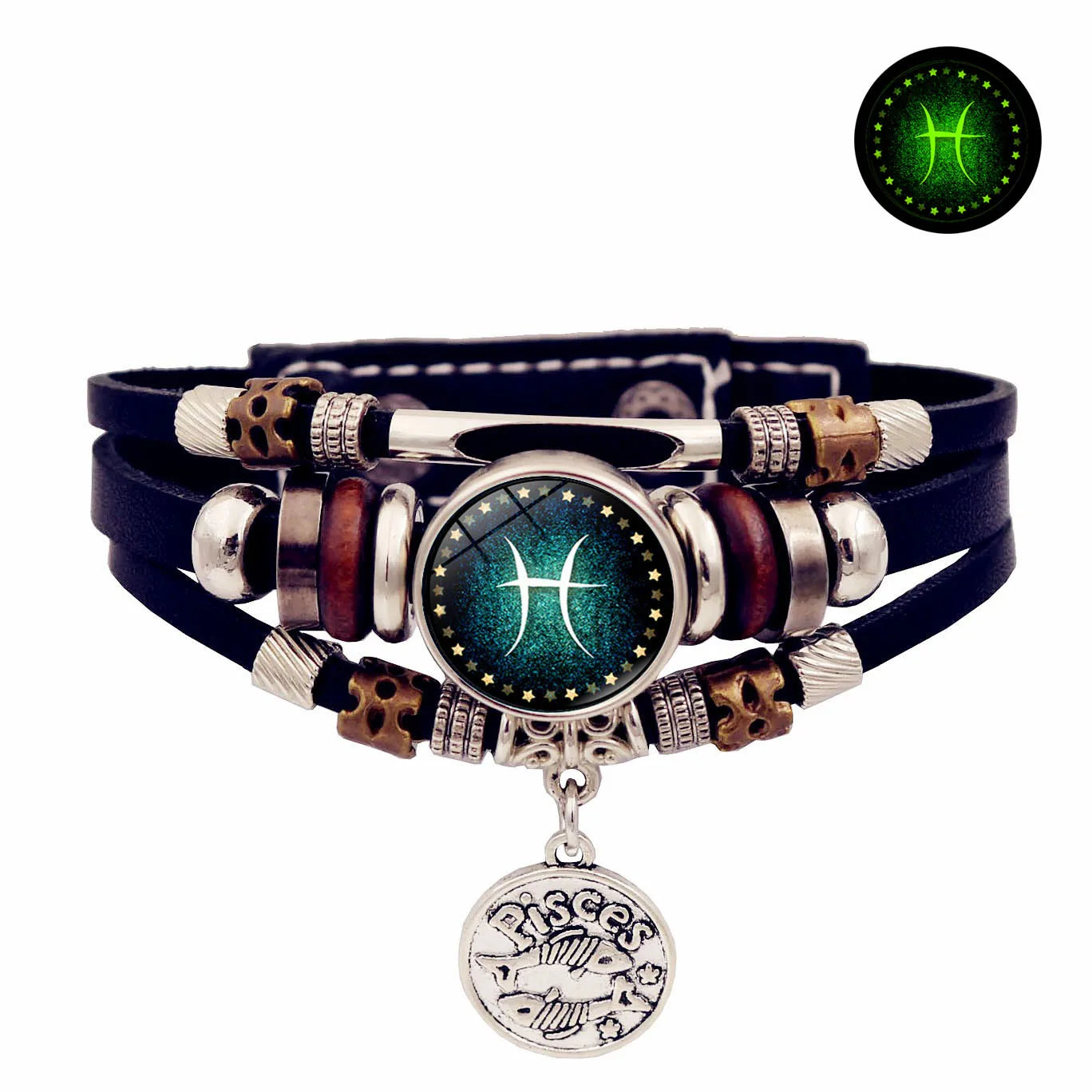 Starry Sky Zodiac Luminous Leather Bracelet - Multi-Layered Beaded Snap Closure for Men & Women, Friendship Bracelet